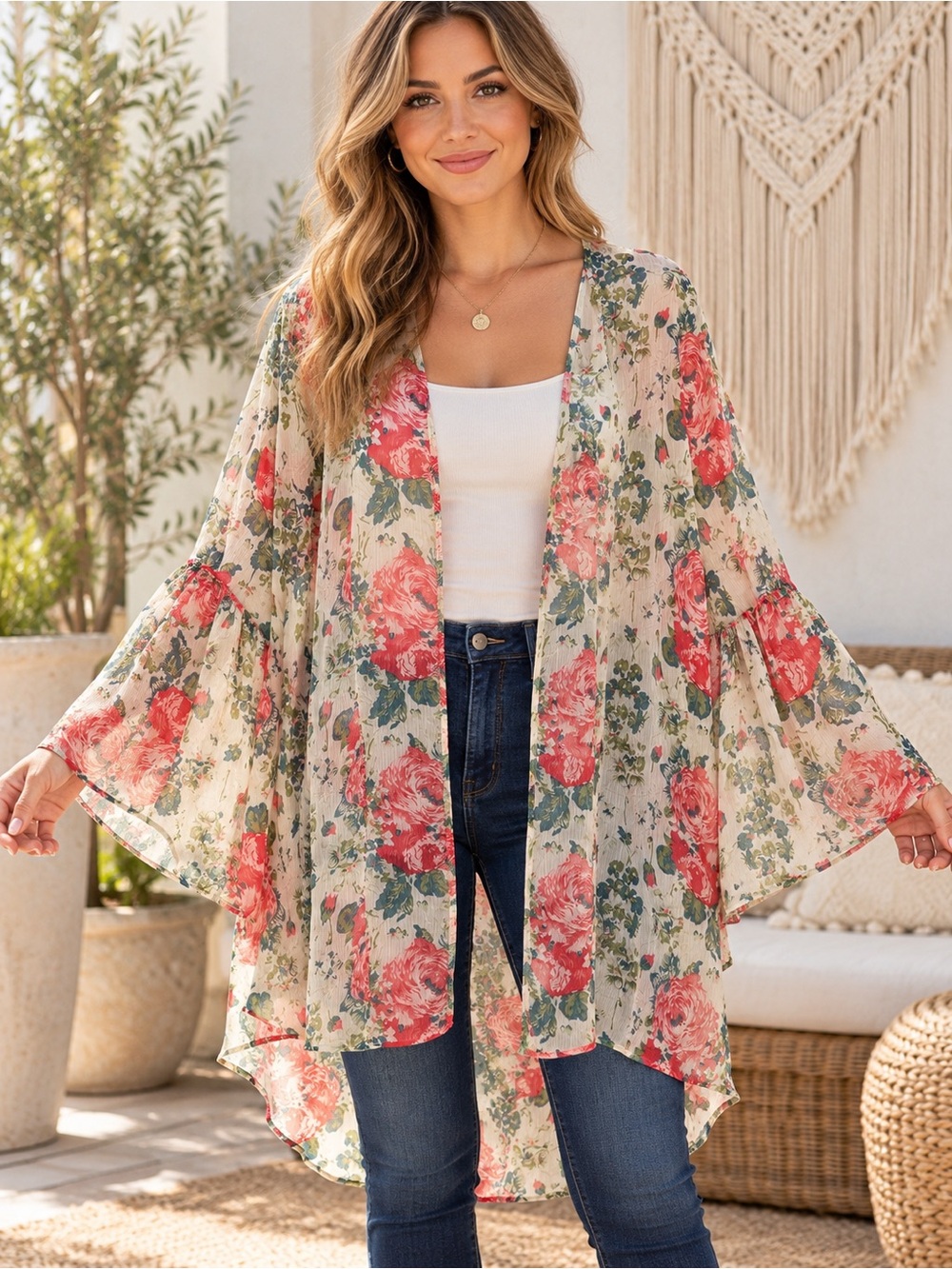 376 Umgee Floral Sheer Floral Kimono Cover-Up with Metallic Accents - fits most